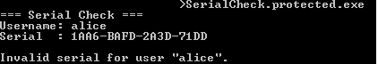 SerialCheck.protected.exe rejecting an invalid serial number for the username alice.