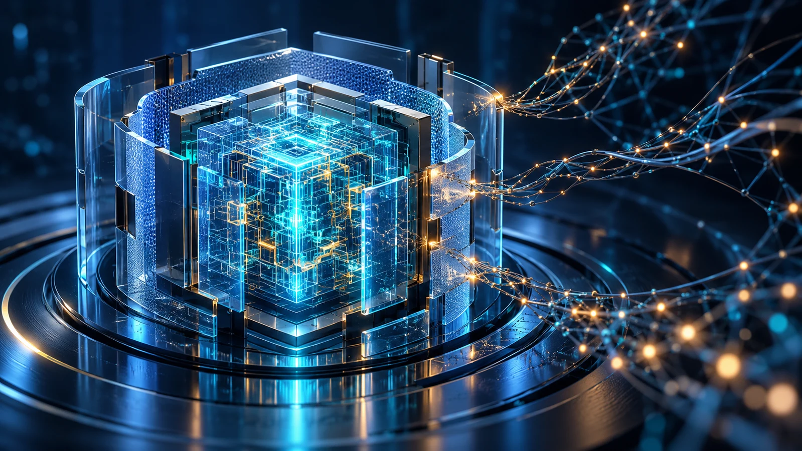 An illuminated code core inside multiple protective layers, approached by a network of probing AI filaments.