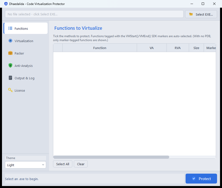 Dhaedalida main window with an empty function list, the sidebar (Functions, Virtualization, Packer, Anti-Analysis, Output & Log, License), and the Protect button.