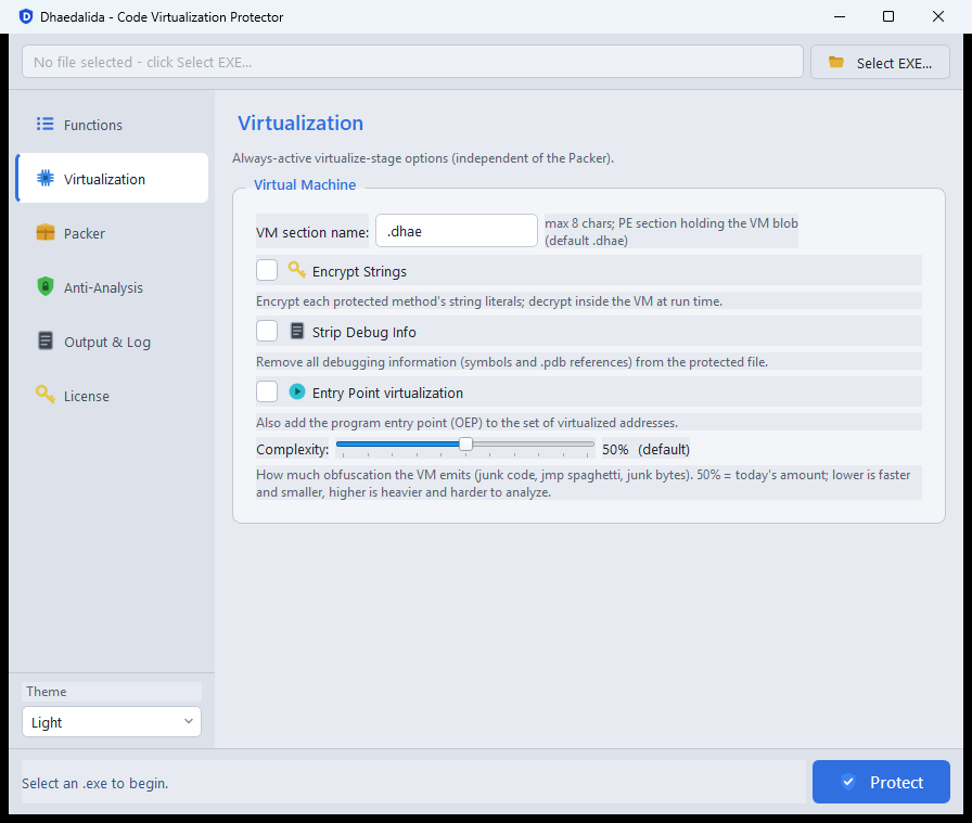 Virtualization settings page with a section-name field, three checkboxes, and a complexity slider at 50%.