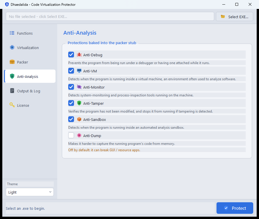 Anti-Analysis page with six protection checkboxes enabled; Anti-Dump is unchecked with an 'off by default' note.