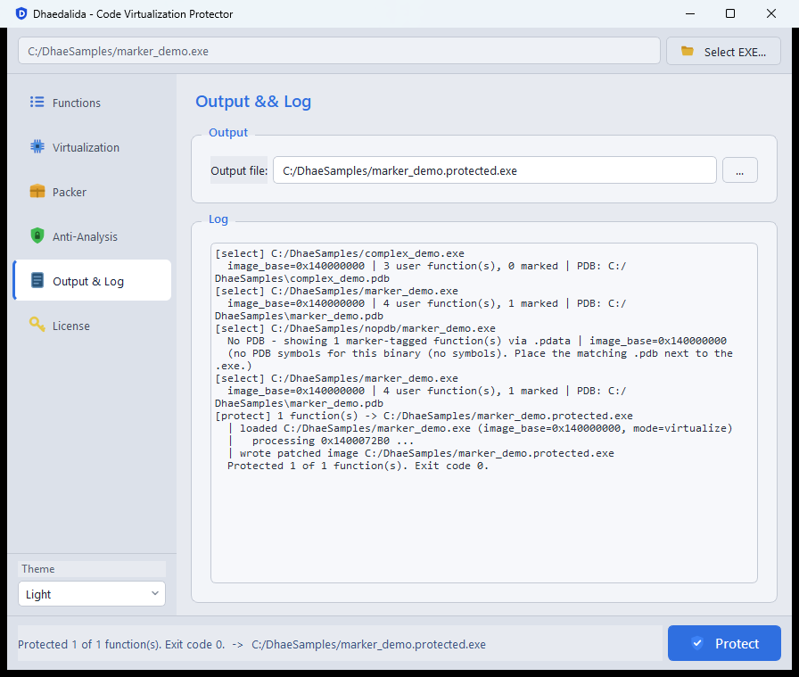 Output & Log page with an output file field and a log ending in 'Protected 1 of 1 function(s). Exit code 0.'