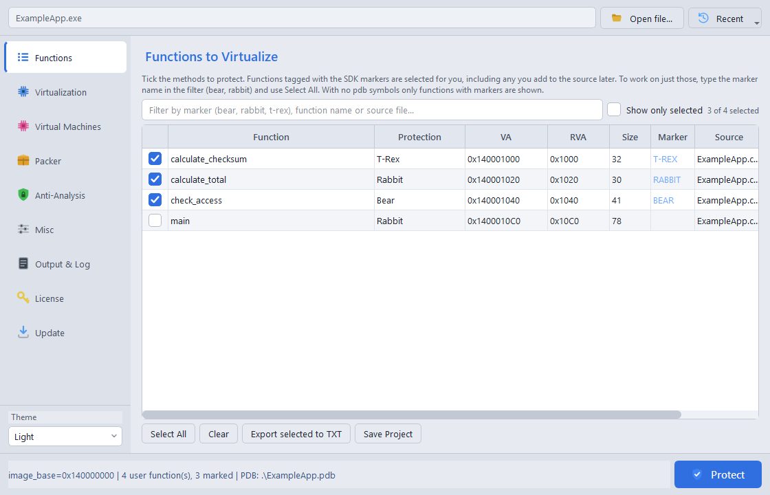 The functions page listing functions discovered from RabbitStart/RabbitEnd source markers, each with a checkbox.
