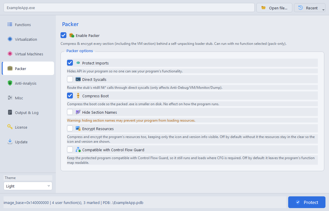 The packer page with Enable Packer on and options for Protect Imports, Compress Boot and Encrypt Resources.
