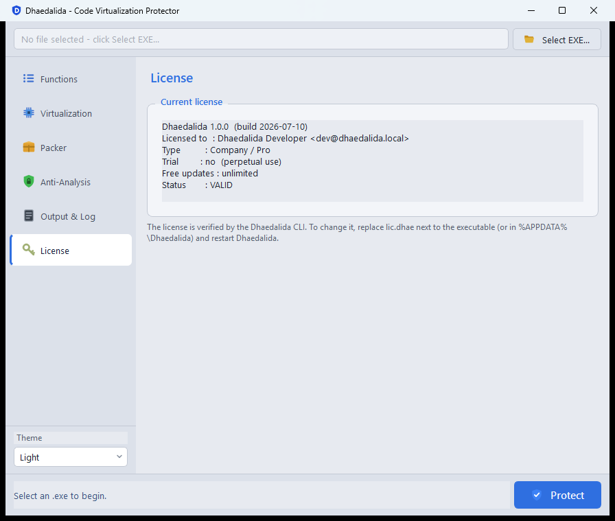 License page showing 'Type: Company / Pro', 'Status: VALID', and license details.