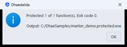 A message box reading 'Protected 1 of 1 function(s). Exit code 0.' with the output path and an OK button.