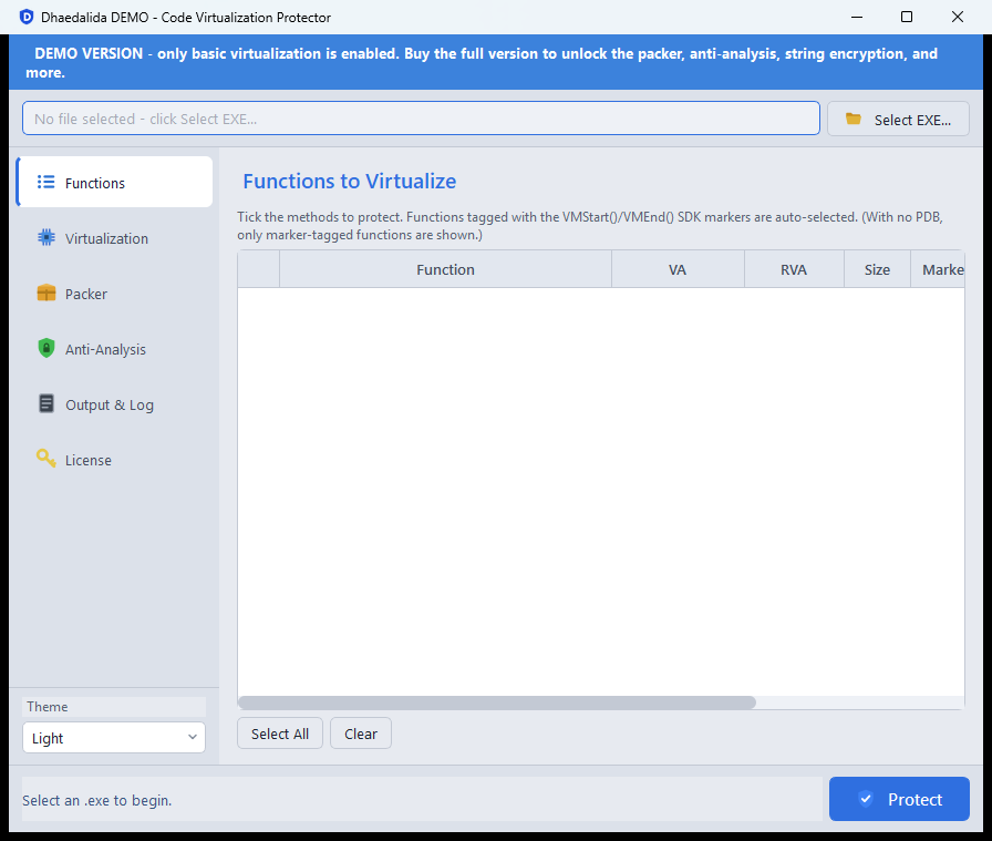 The main window in the Demo edition with a blue banner: 'DEMO VERSION - only basic virtualization is enabled.'